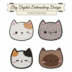 May include: Four embroidered cat face designs in white, gray, and brown with black and pink accents. Each cat face has a unique expression. The image includes the text "Etsy Digital Embroidery Design" and "Instant Download".