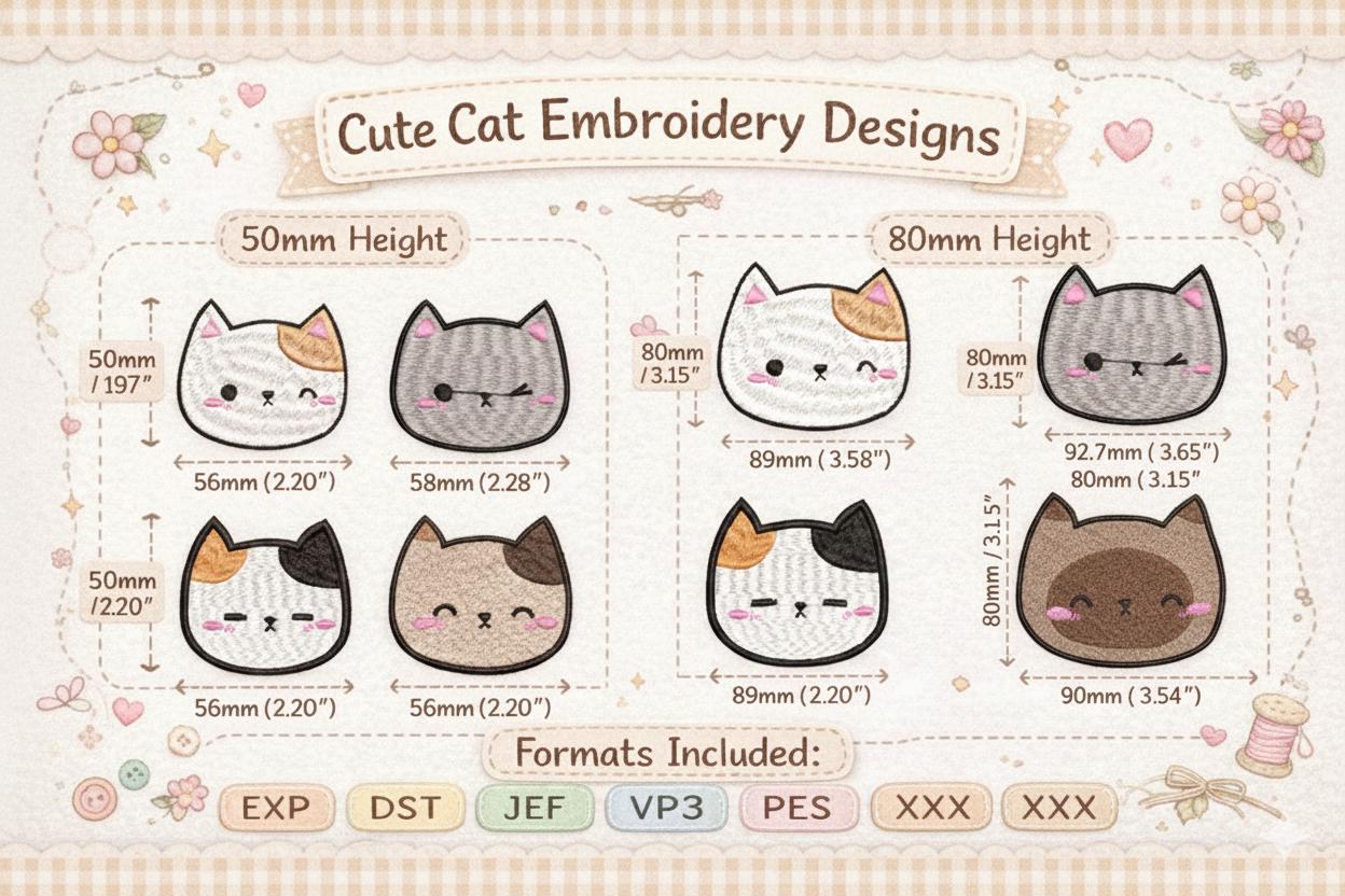 Cute Cat Face Embroidery Design Set | Kawaii Cat Embroidery Pattern ...