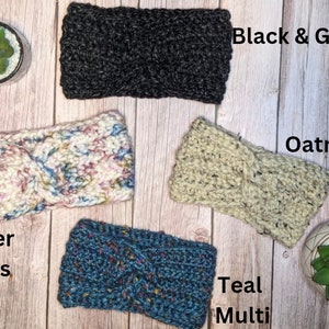 May include: Four knitted headbands in different colors and patterns. The headbands are made of a soft, chunky yarn. The colors are black and gray, oatmeal, winter tones, and teal multi.