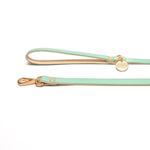 Op de afbeelding: Mintgroene leren hondenriem met goudkleurige sluiting en hardware. De riem heeft een bijpassende handgreep en een kleine, ronde gouden bedel met het woord "WOOF". De riem is gemaakt van lichtgroen leer met een bruin interieur.