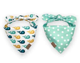 Reversible Dog Bandana Whales | Aqua Polka Dots | Summer Vibes Collection