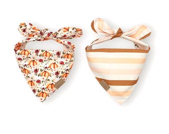 Reversible Dog Bandana Pumpkin Floral | Pink & Carmel Stripes | Felicity Collection