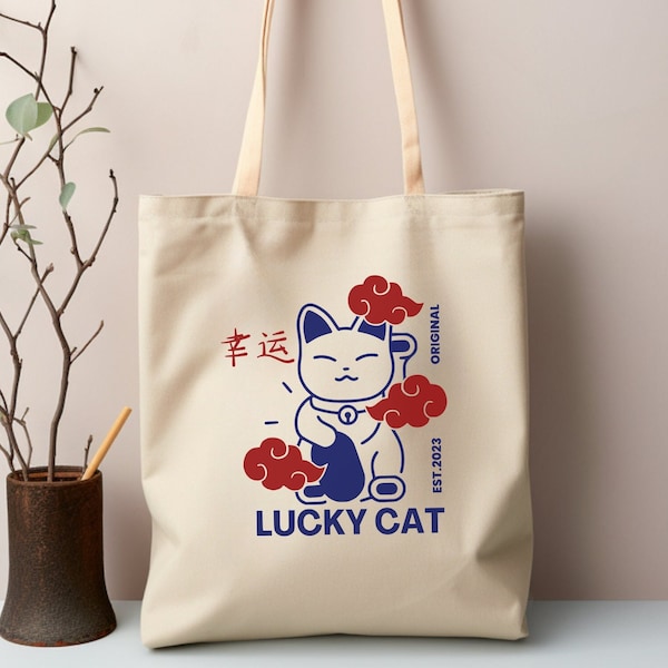 Lucky Cat Maneki Neko Tote Bag - Eco-Friendly Reusable Grocery & Book Bag, Ideal gift for Cat Lovers and Shoppers