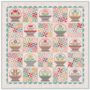 May include: A patchwork quilt featuring a repeating pattern of flower baskets and pinwheel blocks. The quilt is primarily pastel colors, with a scalloped border. The quilt size is 87" x 87".