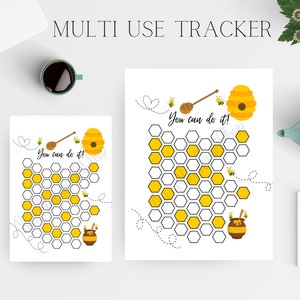 May include: Two printable bee-themed habit trackers with a honeycomb design. Each tracker has a beehive, a honey pot, and a bee with a stick. The text "You can do it!" is written on each tracker.