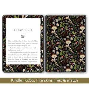 May include: A Kindle skin featuring a floral and mushroom pattern on a black background. The design includes white daisies, brown mushrooms, and green leaves. The text "CHAPTER 1" is visible on the screen. The product is labeled "Kindle, Kobo, Fire skins | mix & match."