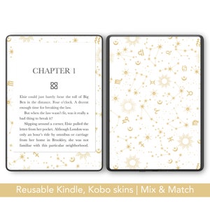 May include: A digital book reader with a white background and gold stars, moons, and zodiac symbols. The left side of the reader shows the text "CHAPTER 1" and an excerpt from a book. The text reads "Elsie could just barely hear the toll of Big Ben in the distance. Four o'clock. A decent enough time for breaking the law. But when the law wasn't fit, was it really a bad thing to break it? Slipping around a corner, Elsie pulled the letter from her pocket. Although London was only an hour's ride by omnibus or carriage from her home in Brookley, she was not familiar with this particular neighborhood."
