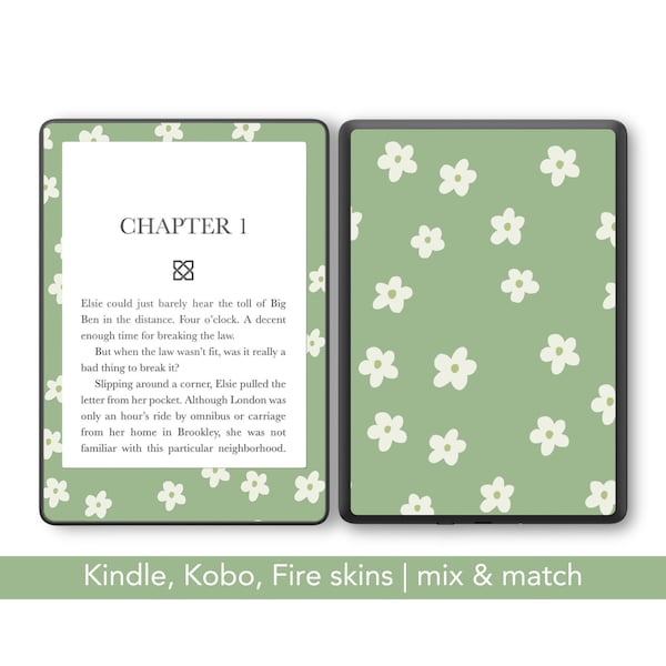 Green Daisies Reusable Amazon Kindle skin, sage green Kobo decal, decorate your Paperwhite, oasis, Libra