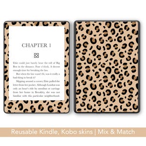 May include: Two Kindle or Kobo skins with a tan leopard print design. One shows a book's text, the other the leopard pattern. The text reads "CHAPTER 1" and a paragraph about a character named Elsie.