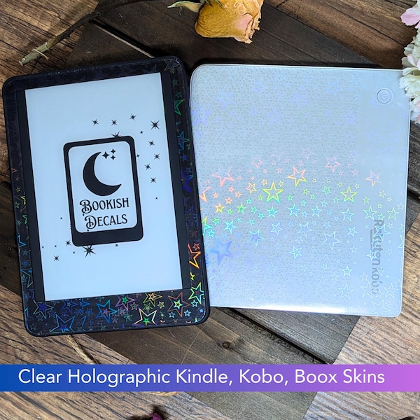 Clear Holographic Stars Glitter Skin for Kindle, Kobo, Amazon, Boox: Rainbow Sparkle Ereader Decal Libra, Scribe, Clara, Palma, Go Color