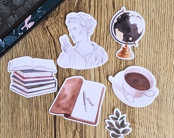 Paquete de 6 pegatinas de estilo Dark Academia para Kindle, Kobo, Boox y tabletas. Temas: mitología griega, café, libros, diario BuJo, decoración, regalo, lectura.