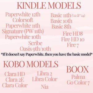 Puede incluir: Un gr&aacute;fico rosa y blanco que enumera diferentes modelos de lectores electr&oacute;nicos Kindle, Kobo y Boox. El texto dice "Kindle Models", "Paperwhite 12th", "Colorsoft", "Paperwhite 11th", "Signature (PW 11th)", "Paperwhite 10th", "Scribe", "Oasis 9th/10th", "Basic 11th ('22 & '24)", "Basic 10th", "Basic 8th", "Fire HD8", "Fire HD 10", "Fire 7", "*Si no dice Paperwhite, entonces tienes el modelo b&aacute;sico*" , "KOBO MODELS", "Clara HD", "Clara 2E", "Clara Color", "Libra 2", "Libra Color", "Nia", "BOOX", "Palma", "Go Color 7".