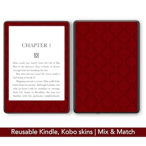 Könnte beinhalten: Eine rote Kindle- oder Kobo-Hülle mit floralem Muster. Der Bildschirm zeigt Text aus Kapitel 1 eines Buches. Der Text beginnt: „Elsie konnte gerade noch das Läuten von Big Ben hören...“ Der untere Teil des Bildes lautet: „Wiederverwendbare Kindle-, Kobo-Hüllen | Mix & Match“.