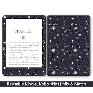 May include: A black and white design featuring a constellation pattern with stars, moons, and planets. The design is on a reusable Kindle or Kobo skin. The text "CHAPTER 1" is on the left side of the image.