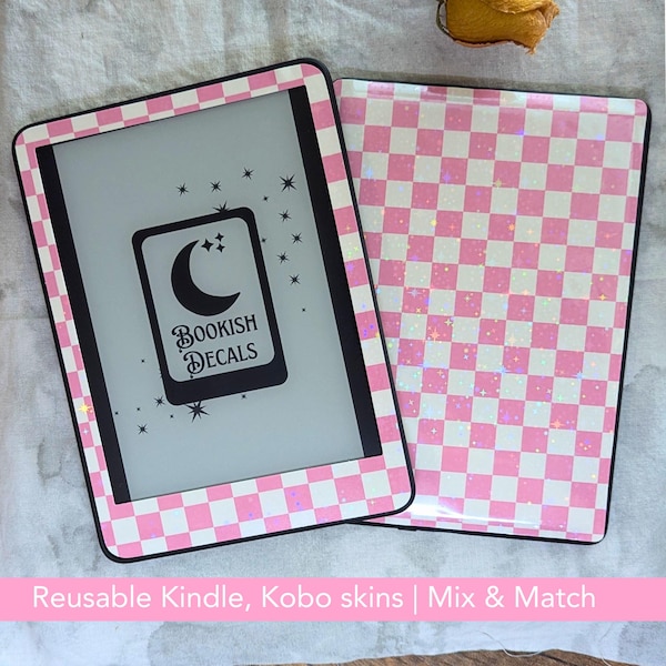 Kindle, Kobo, Boox Skin Reusable | Pink Sparkly Checkered Amazon Decal, decorate your Paperwhite, oasis, Libra, BOOX, Go Color, Libra, Clara