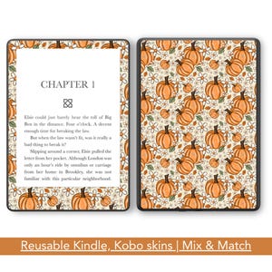 May include: Two e-readers featuring a repeating pattern of orange pumpkins, white flowers, and green leaves. The left device displays text starting with CHAPTER 1, while the right device shows the full pumpkin and floral pattern across the screen.