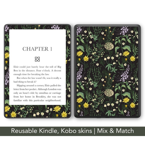 Botanical Reusable Amazon Kindle skin, black yellow lavender flowers Kobo decal, decorate your Paperwhite, oasis, Libra