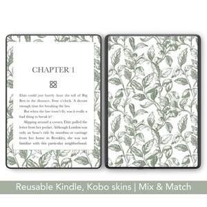 Pode incluir: Capas para Kindle e Kobo com um design floral branco e verde. Uma capa exibe o texto de um livro, enquanto a outra apresenta um padrão repetido de folhas e vinhas. O texto diz "CAPÍTULO 1".