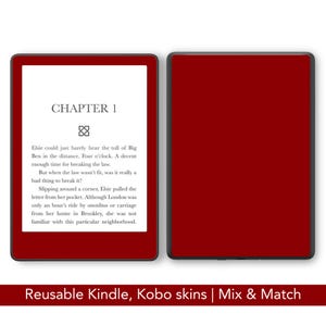 Può includere: Un set di skin rosse per Kindle o Kobo. Una skin mostra il testo di un libro, l'altra è rosso pieno. Il testo recita "CAPITOLO 1" e include un passaggio su Elsie. La parte inferiore dell'immagine recita "Reusable Kindle, Kobo skins | Mix & Match".
