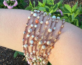 Crocheted Sea Sediment Jasper Carnelian and Pearl Beaded Bracelet, Anklet, Necklace, Coastal Jewelry, Beach Jewelry, Gemstone Jewelry, Boho