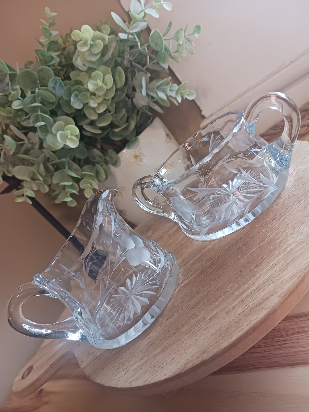 Vintage Clear Etched Glass Sugar Bowl and Creamer Set Etsy