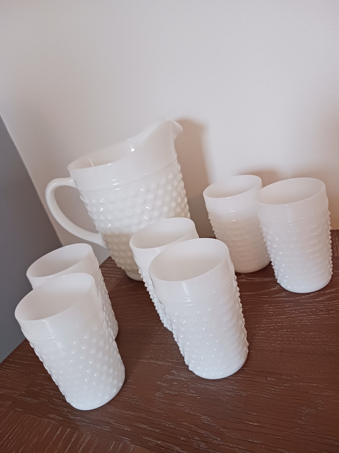 Vintage Hobnail Milk Glass Pitcher and 6 Glasses Set Etsy
