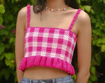 Crochet Gingham ruffle top with Crochet gingham bucket hat set.