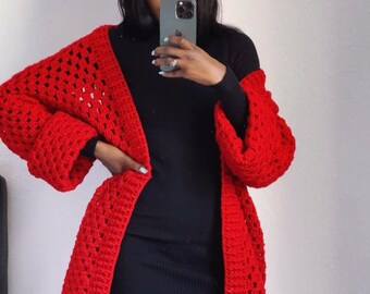 Oversized granny stitch thrown on cardigan jacket in a stunning red colour for women