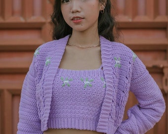 Crochet Cable Cardigan And Matching Crochet Tank Top In A Captivating Shade Of Purple.