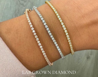 Bracelet tennis 2 carats avec diamants cultivés en laboratoire, bracelet diamants ronds de laboratoire, or blanc, jaune et rose 14 carats. Bracelet tennis pour femme.