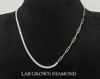 14K Solid Gold Half Lab Grown Diamond Tennis Half Paperclip Necklace, Tennis Necklace, Gold Link Chain, Paperclip Necklace, Diamond Necklace