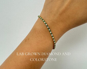 Lab Grown Emerald and Lab Grown Diamond Tennis Bracelet. 14K Solid Gold Prong Setting Alternating Tennis Bracelet. May Birthstone Bracelet