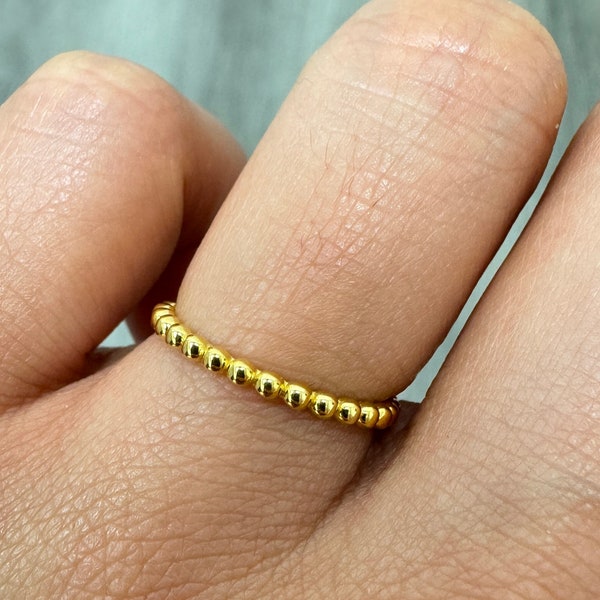 14K Solid Gold Plain Beaded Band Ring. Dainty beaded stackable ring for women. Thin gold band. Unique wedding band, engagement set.