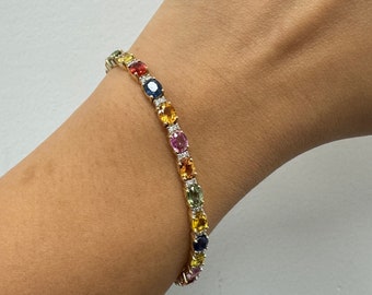 Fancy Oval Cut Tennis Bracelet / 10.15 ctw 14k Gold Prong Setting Natural Tennis Bracelet Multi color with real diamonds, Colorful Bracelet
