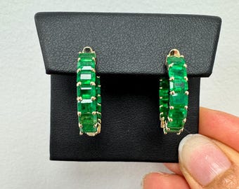 Green Emerald Hoop Earrings. 14K Solid Gold. 7.30 carat. Diamond Inside Out Earring, Inside Out Hoop Earring. Endless Hoop. May Gemstone