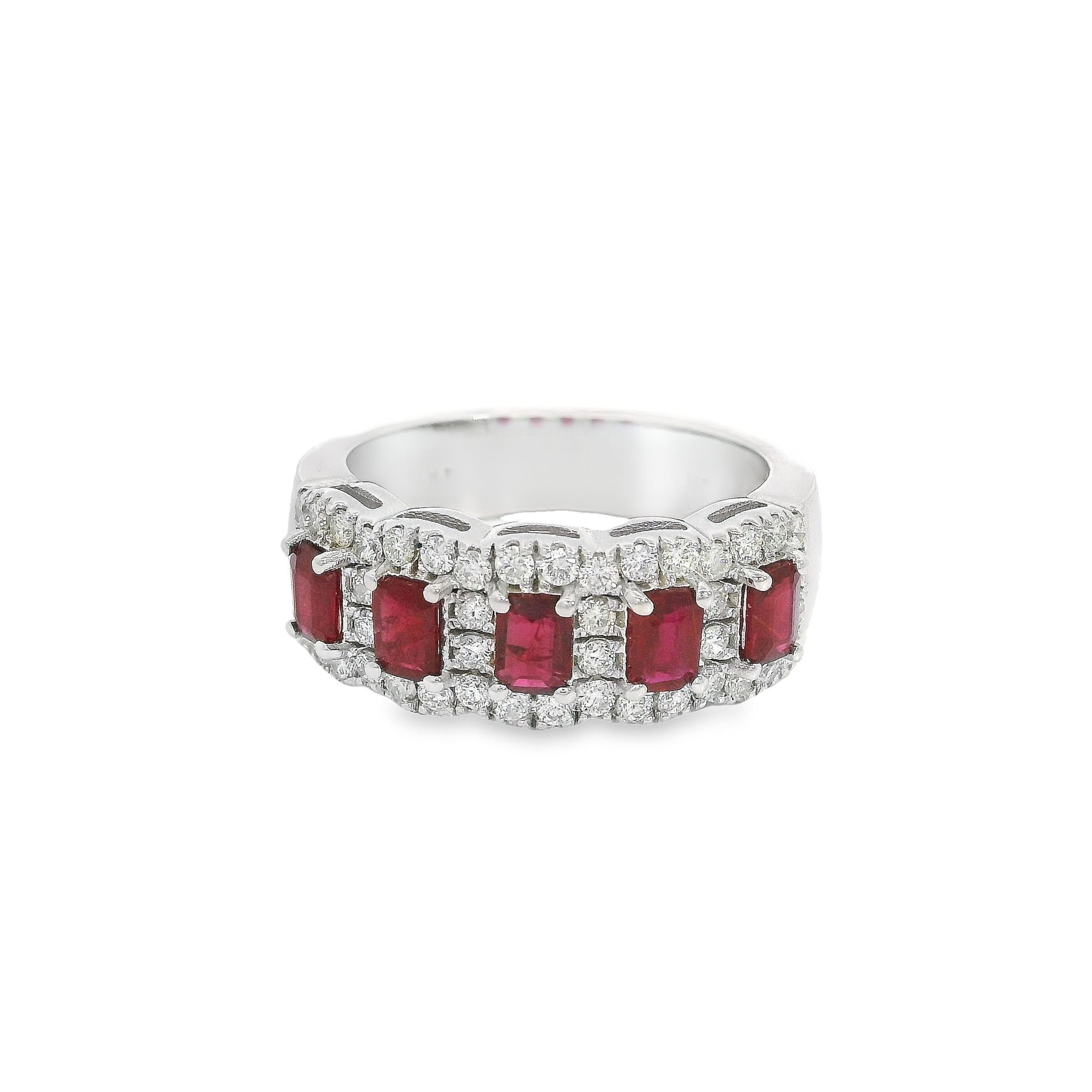 Real Diamond and Ruby Emerald Cut Halo Ring. Statement ring. Color stone ring. Stackable ring. 1.45 Carats. 14K White Gold