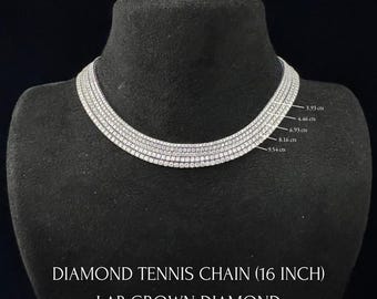 Diamond Tennis Chain. 16 inch Lab Grown Diamond Tennis Necklace. 14K Solid Gold. Layering Necklace Prong. 3 - 10 carats. With Certification.