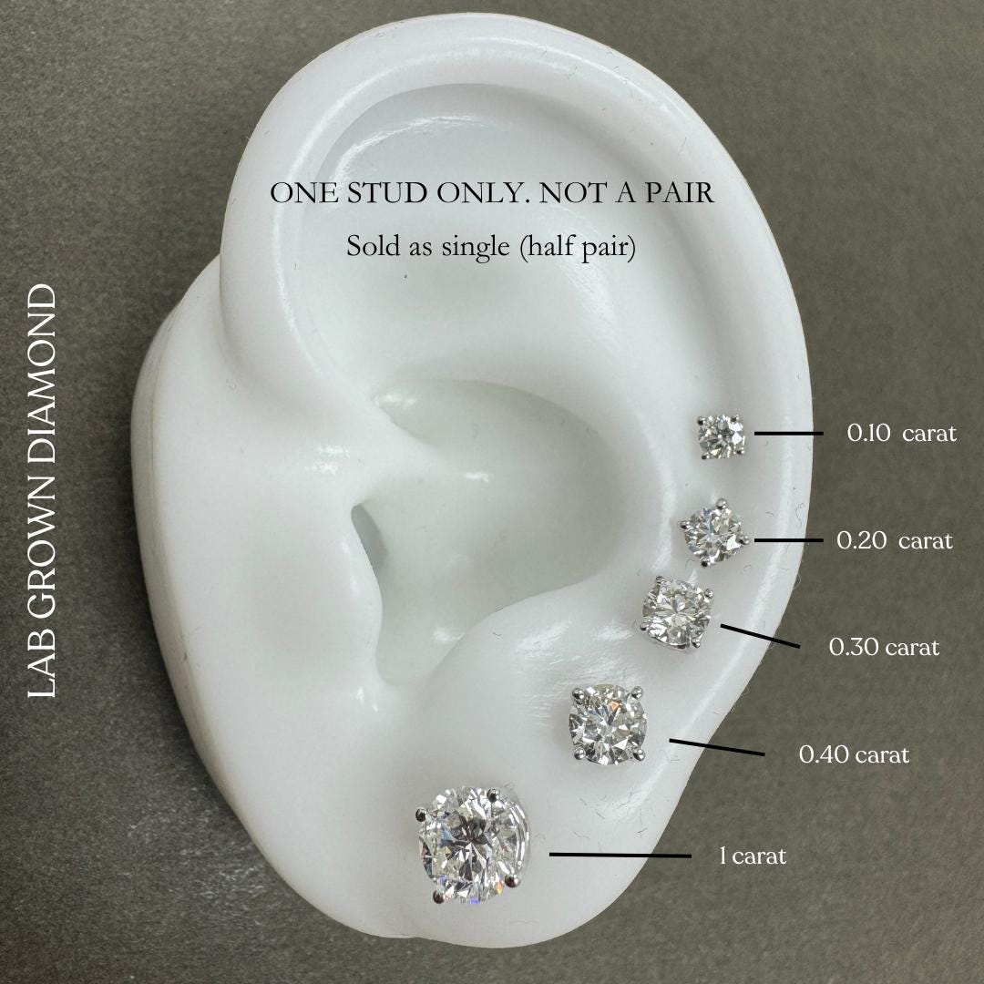 14K Solid Gold Lab Grown Diamond Studs. SINGLE / Half Pair Earring. VS ...
