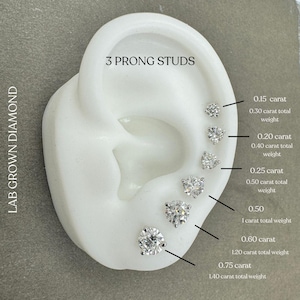 May include: A close-up of a model ear with lab-grown diamond 3-prong stud earrings in various sizes. The earrings are displayed in a row from smallest to largest, with the carat weight and total weight listed next to each earring. The text "LAB GROWN DIAMOND" is on the left side of the image and "3 PRONG STUDS" is at the top of the image.