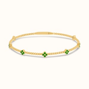 Flexible Beaded Flower Bangle 0.45TCW Emerald 14K Solid Gold, Flower Cluster Bracelet. Perfect Gift. Natural Emerald Stones