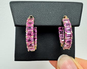 Pink Sapphire Hoop Earrings. 14K Solid Gold. 7.30 carat. Diamond Inside Out Earring, Inside Out Hoop Earring. Endless Hoop. Perfect Gift