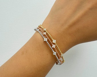 Real Natural Diamond Bracelet, Beaded Flexible Bangle, Flower Cluster, 14k Solid Yellow White Rose Gold. 0.45TCW. Flexible Diamond Bangle.