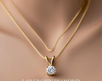 Lab Grown Diamond Solitaire Necklace 0.2-2 Carat 14K Solid Gold 4 Prong Pendant with Chain Perfect Gift Jewelry