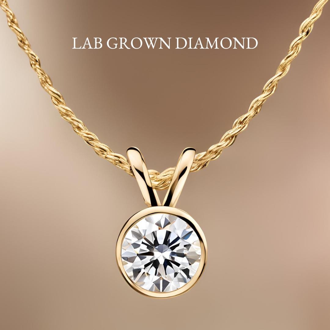 Lab Grown Diamond Solitaire Necklace 0.2-2.0 Ct Bezel Set 14K Solid Gold Pendant with Chain Perfect Gift