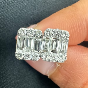 Diamond Earrings 14K Solid Gold Earrings Pair / Baguette and Round Real Natural Diamond Illusion Setting Earrings Minimal Earrings