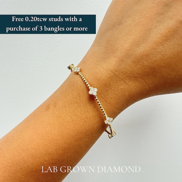 Bracelet en diamants cultivés en laboratoire 1TCW, jonc flexible en perles, grappe de fleurs, or rose blanc jaune massif 14 carats. Cadeau parfait pour elle.