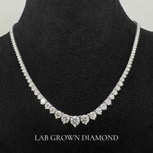 Graduated Diamond Tennis Chain. 16 inch 3 Prong Graduated Lab Grown Diamond Tennis Necklace 13 Carat. 14K Solid Gold. With Certification.