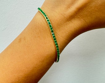 Tennis Bracelet, Emerald Tennis Bracelet, Genuine Square Cut Gem Stone, 14K solid gold, dainty bracelet, infinity bracelet 7 inch bracelet