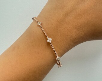 Real Natural Diamond Bracelet, Beaded Flexible Bangle, Flower Cluster, 14k Solid White. Flexible Diamond Bangle. Loose Fit.