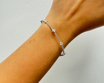 Real Natural Diamond Bracelet, Beaded Flexible Bangle, Flower Cluster, 14k Solid White. Flexible Diamond Bangle. Loose Fit.